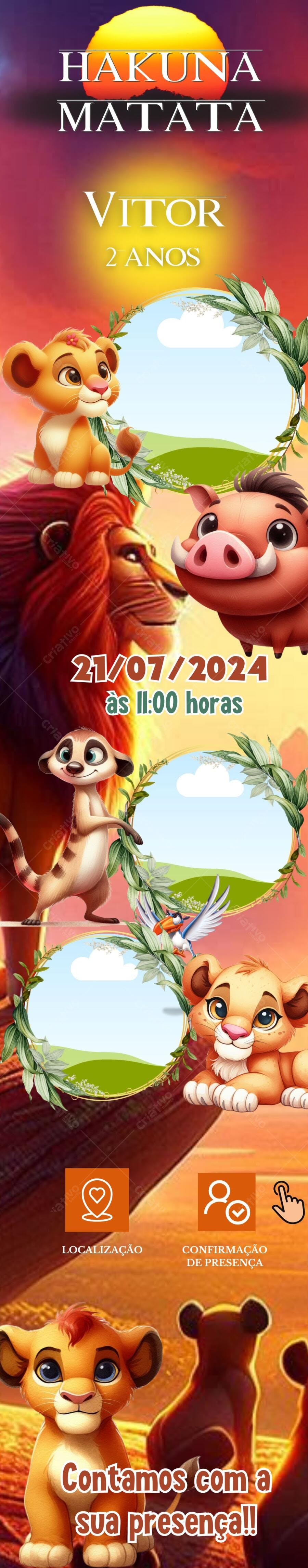 Convite de Aniversário Infantil Hakuna Matata Editável no Canva