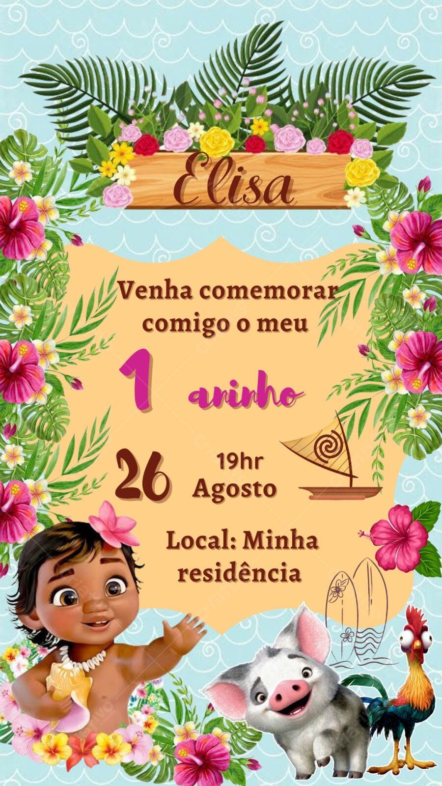 Convite de 1º aniversário Moana e seus amigos Editável no Canva