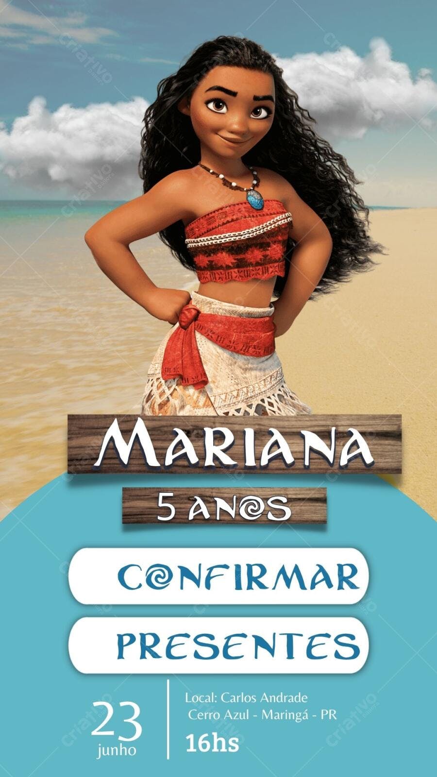 Convite de aniversário infantil Moana Editável no Canva