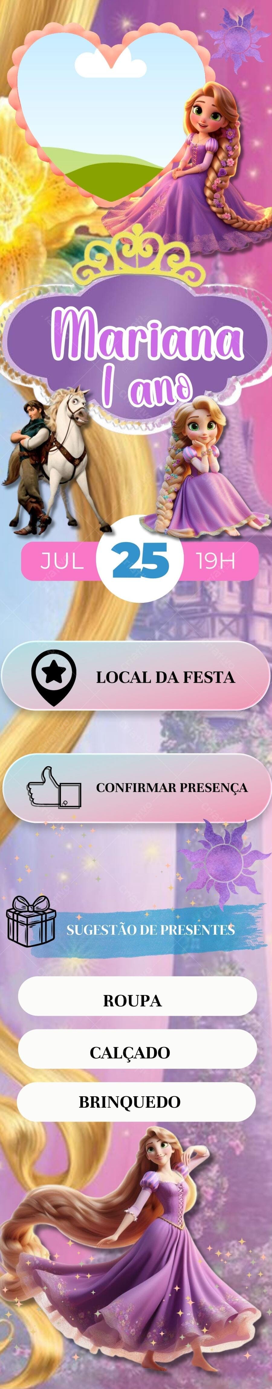 Convite de aniversário infantil Rapunzel 1 ano Editável no Canva