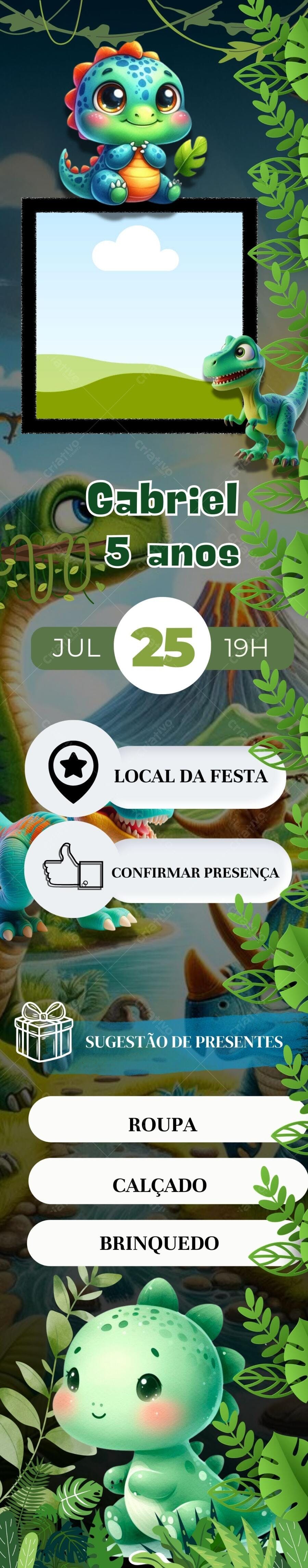 Convite Aniversário Infantil Dinossauros Verde e Azul Editável no Canva