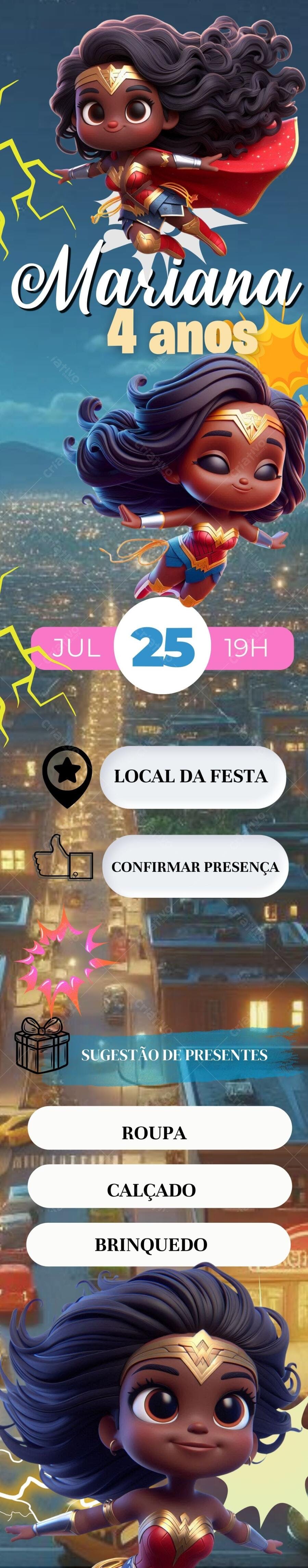 Convite Aniversário Infantil Mulher Maravilha 4 Anos Editável no Canva