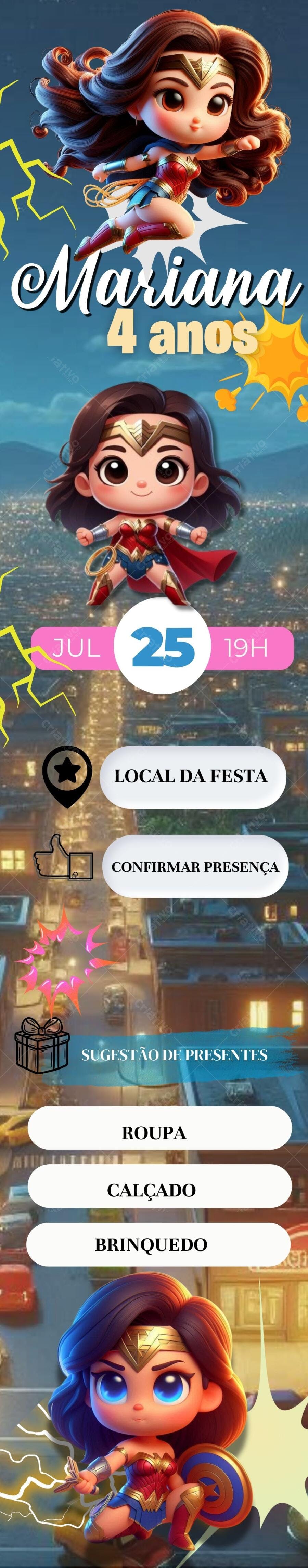 Convite de Aniversário Infantil Mulher Maravilha Editável no Canva