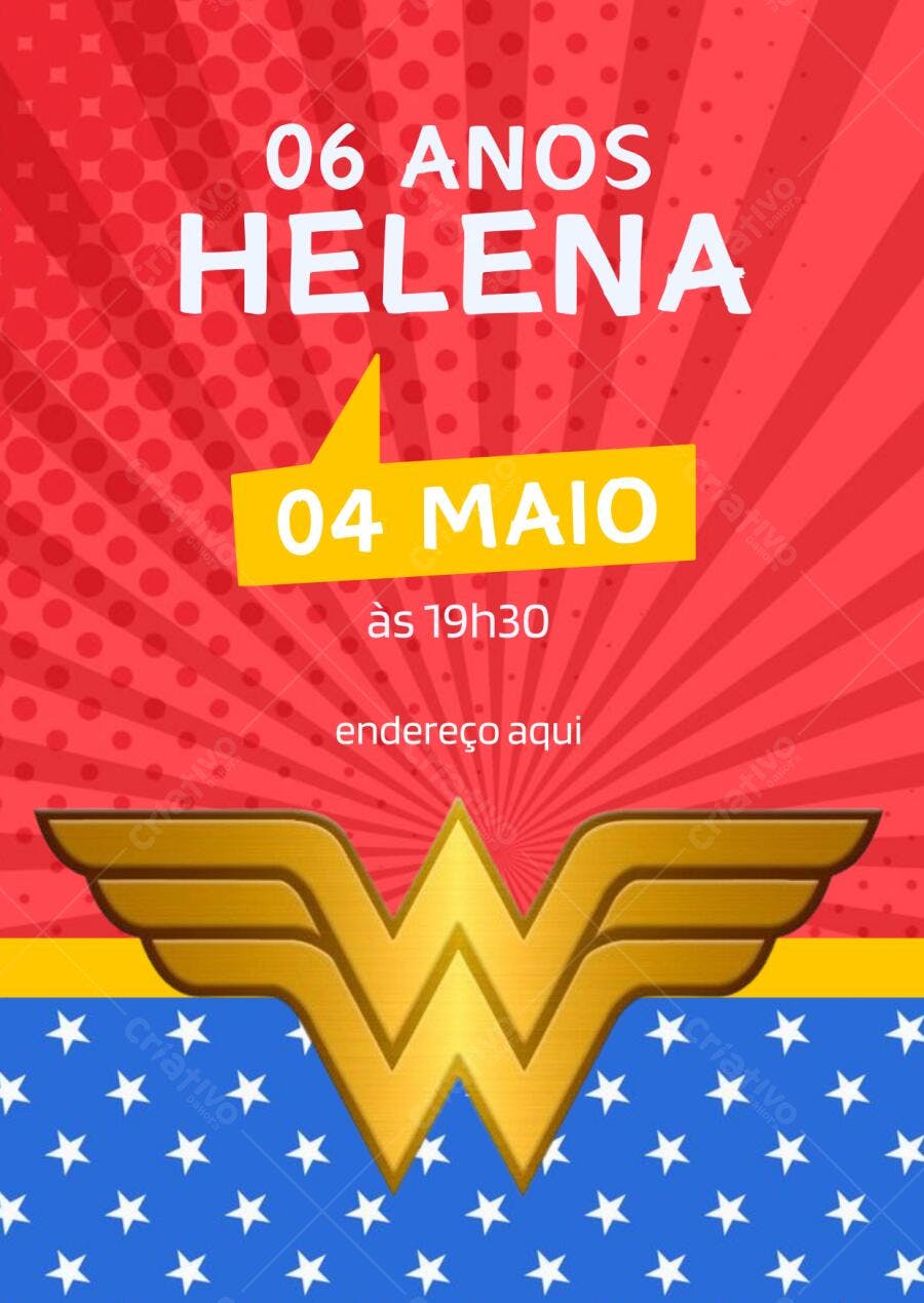 Convite de Aniversário Infantil Mulher Maravilha Vermelho e Dourado Editável no Canva