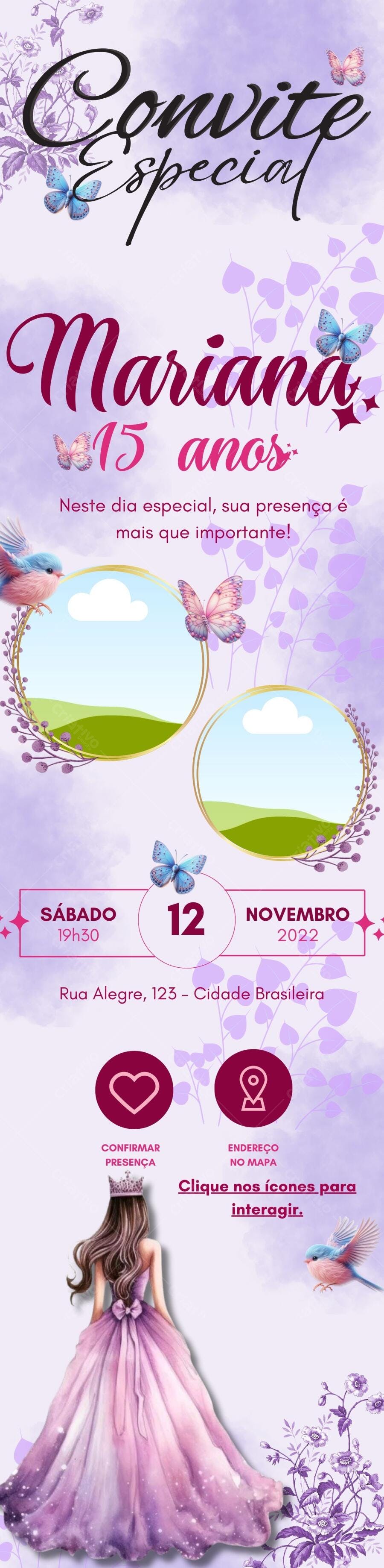 Convite de 15 anos com borboletas e flores roxas Editável no Canva