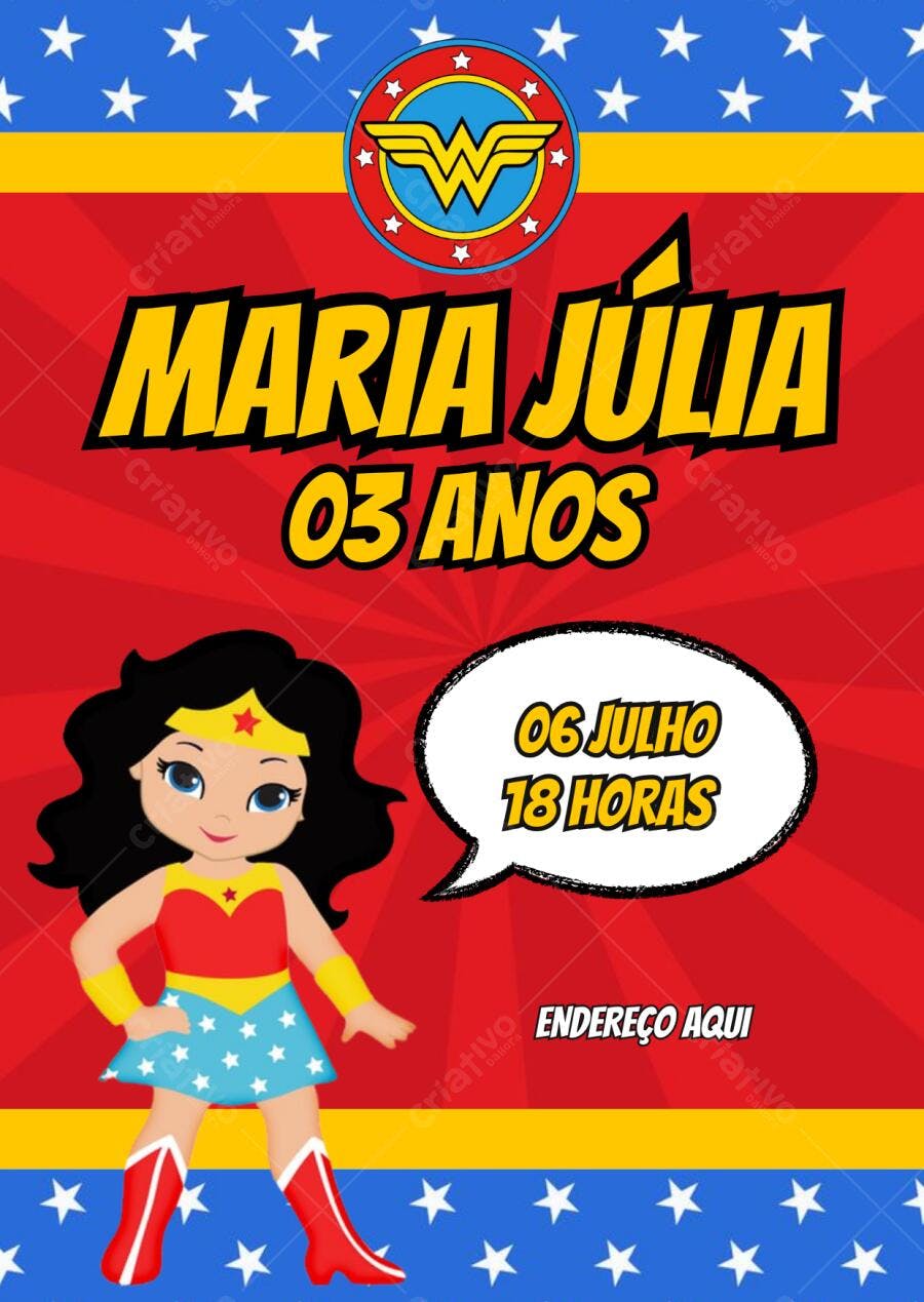 Convite de Aniversário Infantil Mulher Maravilha Editável no Canva