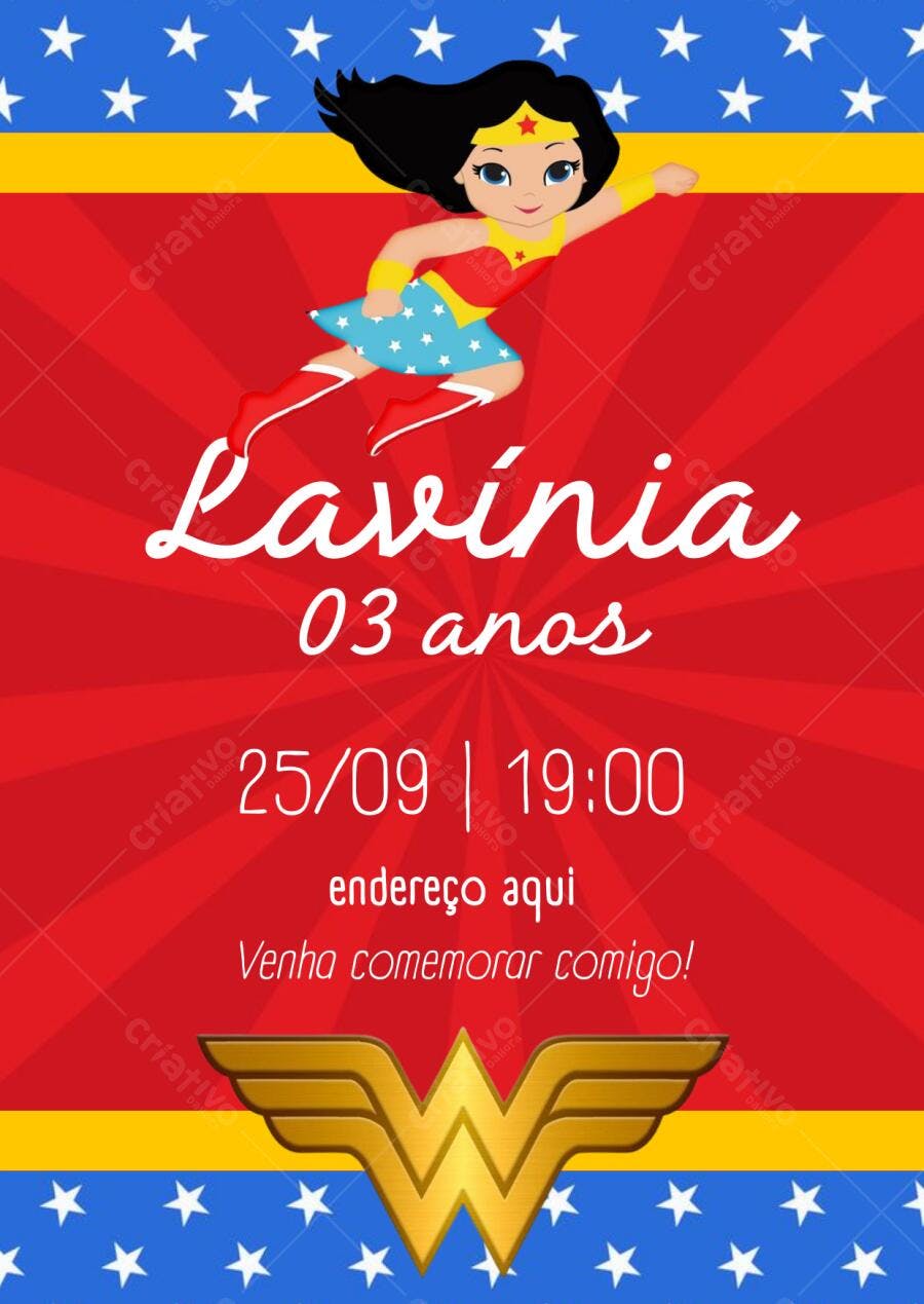 Convite de Aniversário Infantil Mulher Maravilha Editável no Canva