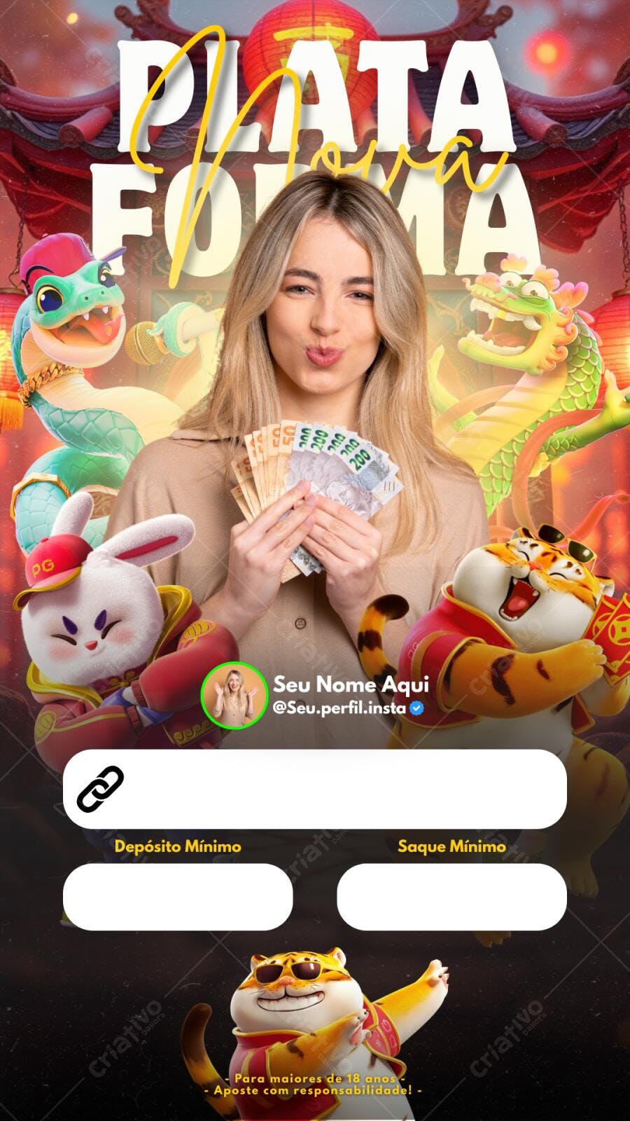 Post Instagram Promoção Cassino com Tigre e Coelho Editável no Canva