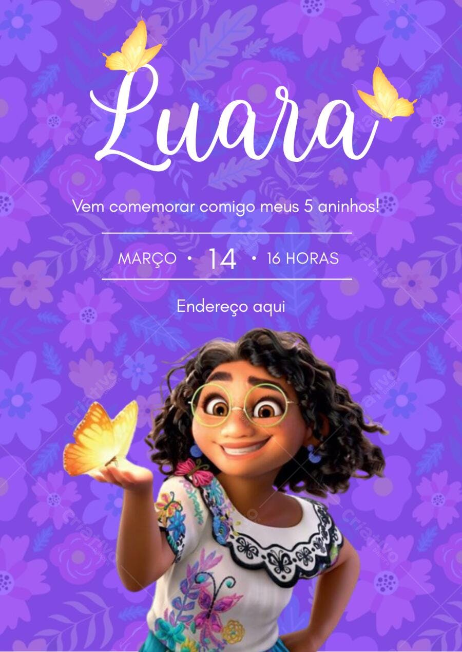 Convite de Aniversário Infantil Luara Encanto Editável no Canva