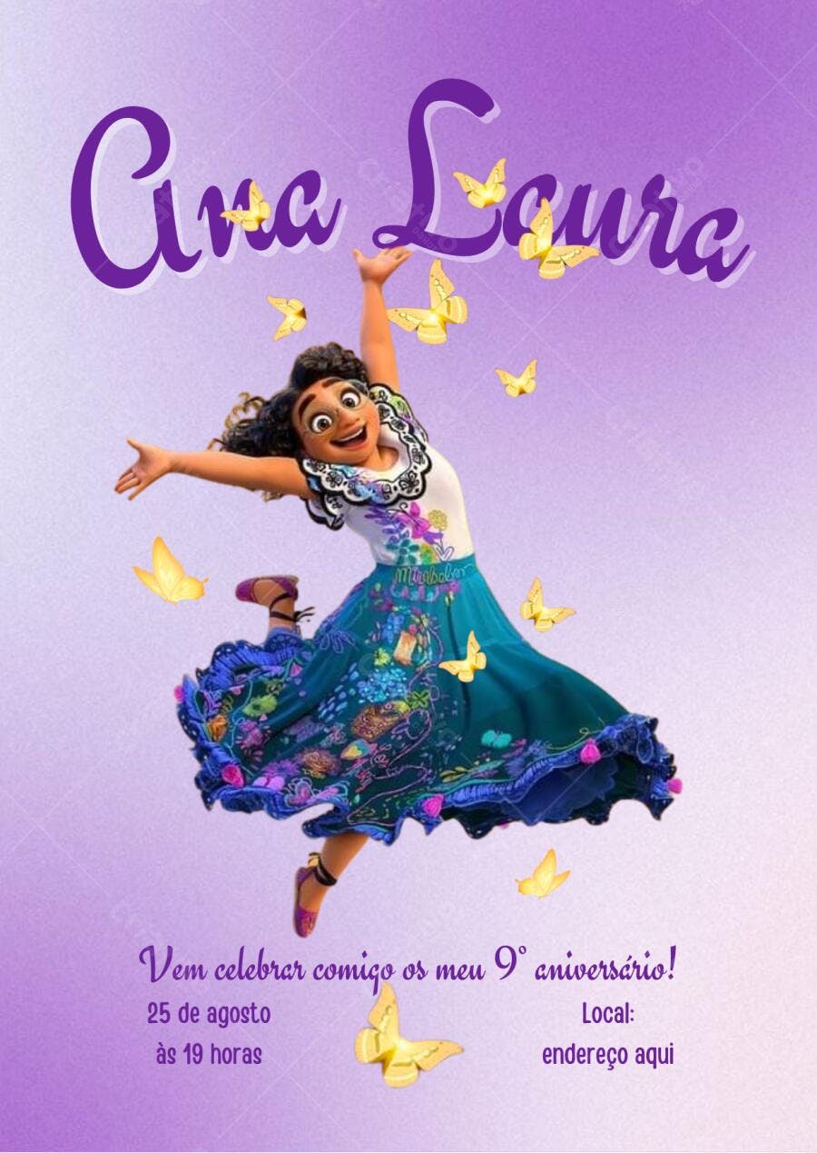 Convite de aniversário infantil Mirabel Encanto roxa e dourada Editável no Canva