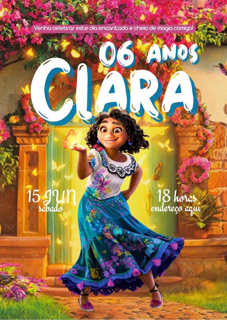 Convite de aniversário infantil Encanto Clara Editável no Canva
