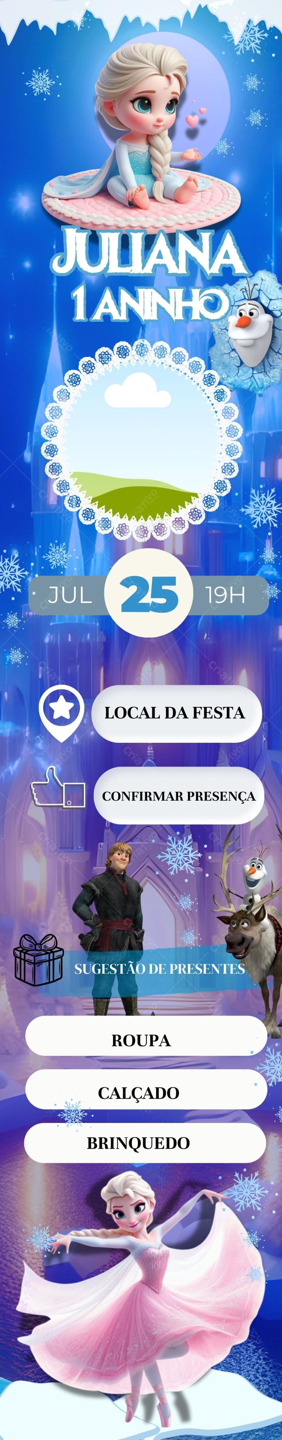 Convite de aniversário Frozen para meninas Editável no Canva