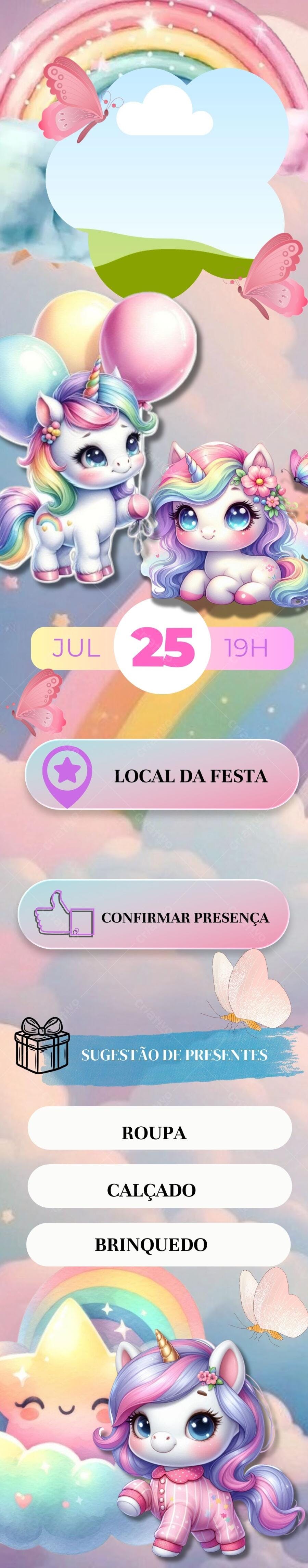 Convite Festa Infantil Unicórnios Arco-íris Editável no Canva