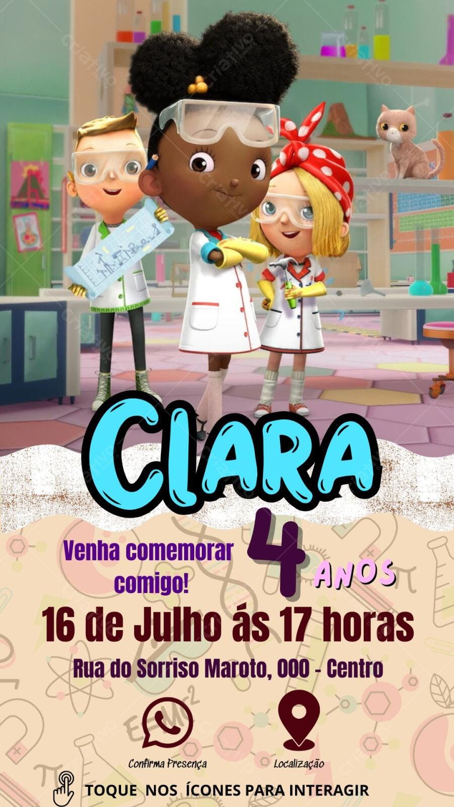 Convite Aniversário Infantil Cientistas Bebês Editável no Canva