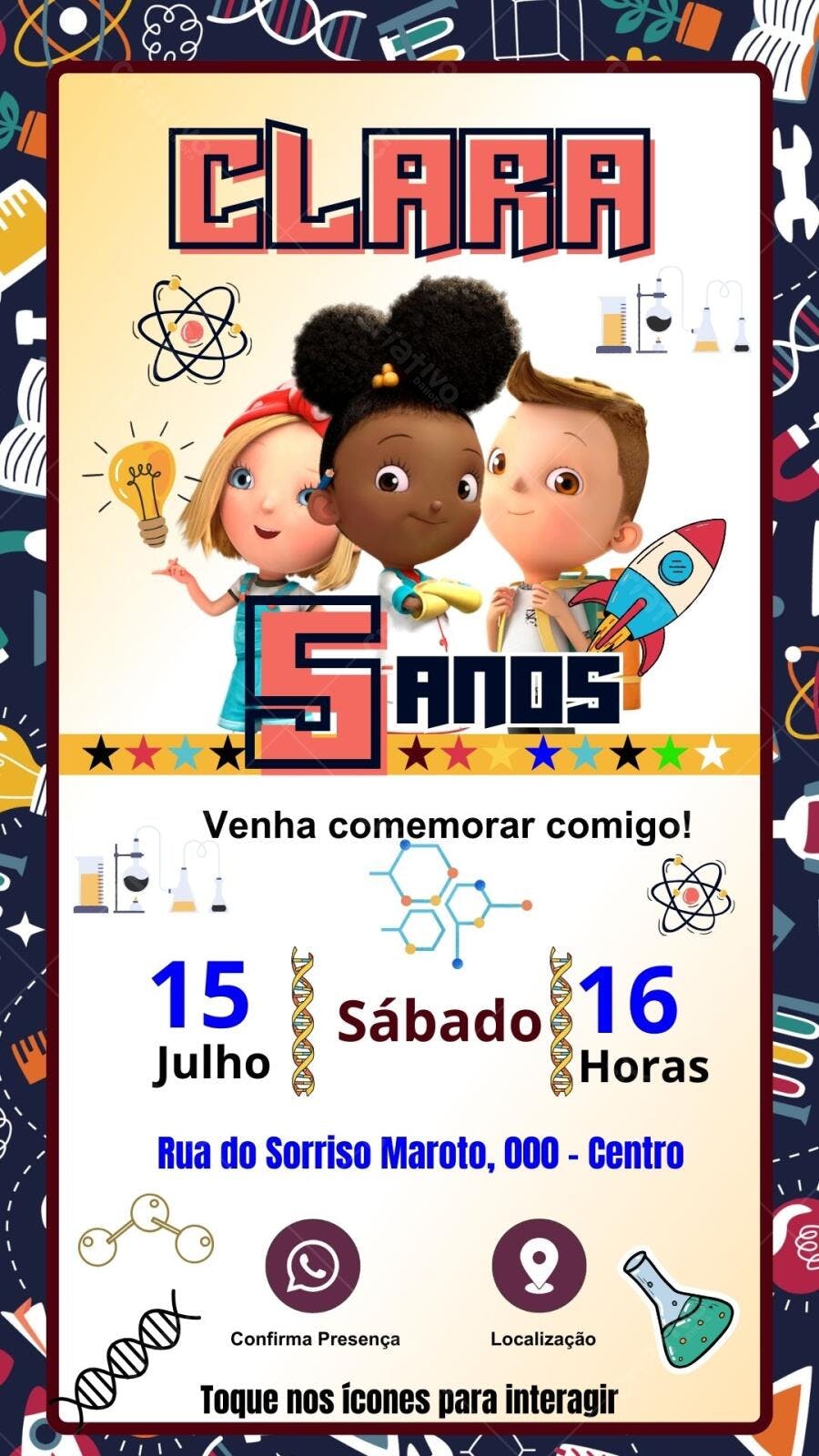 Convite Aniversário Infantil Clara 5 anos tema Ciência Editável no Canva