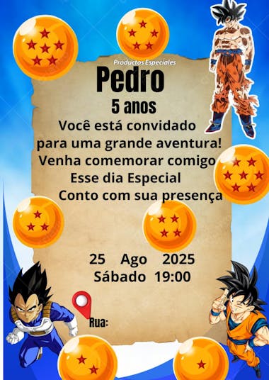 Convite Infantil Dragon ball Z Editável no Canva
