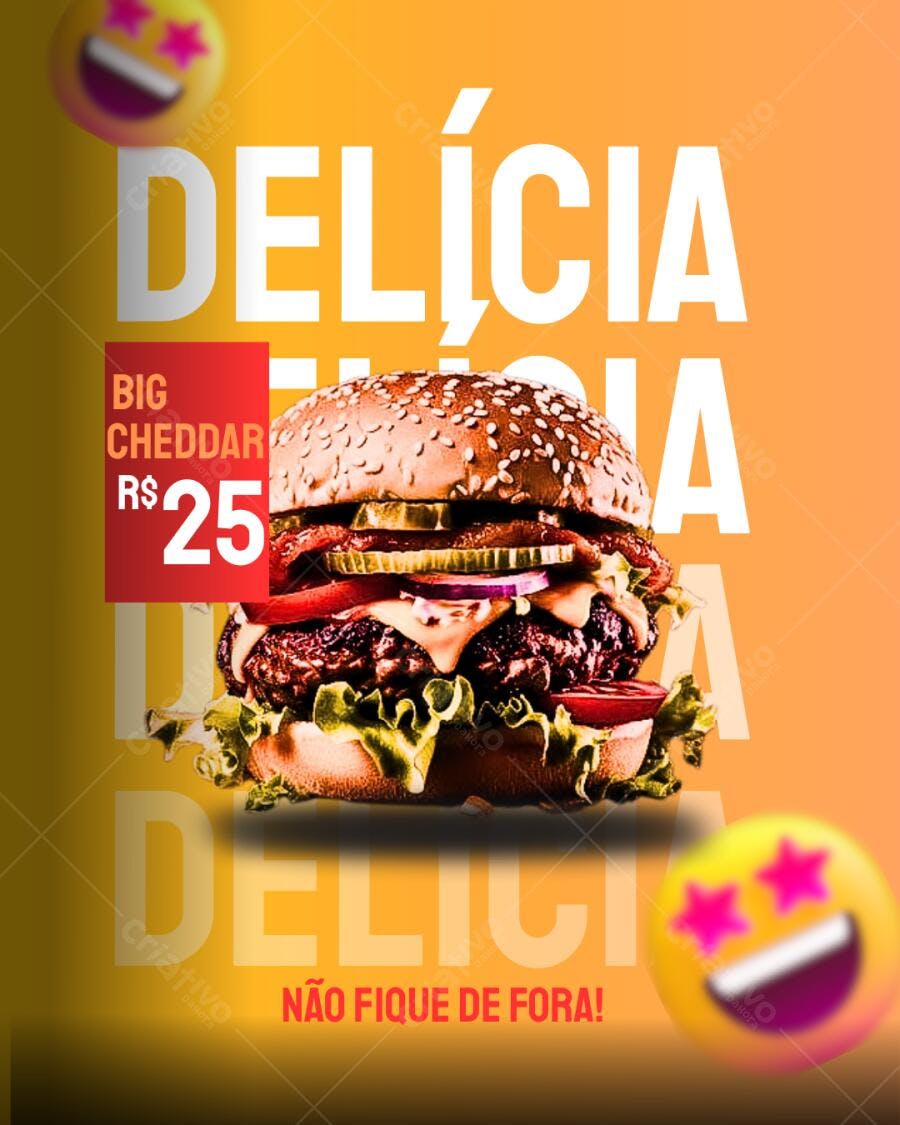 Post Instagram Promoção de hambúrguer Big Cheddar Editável no Canva