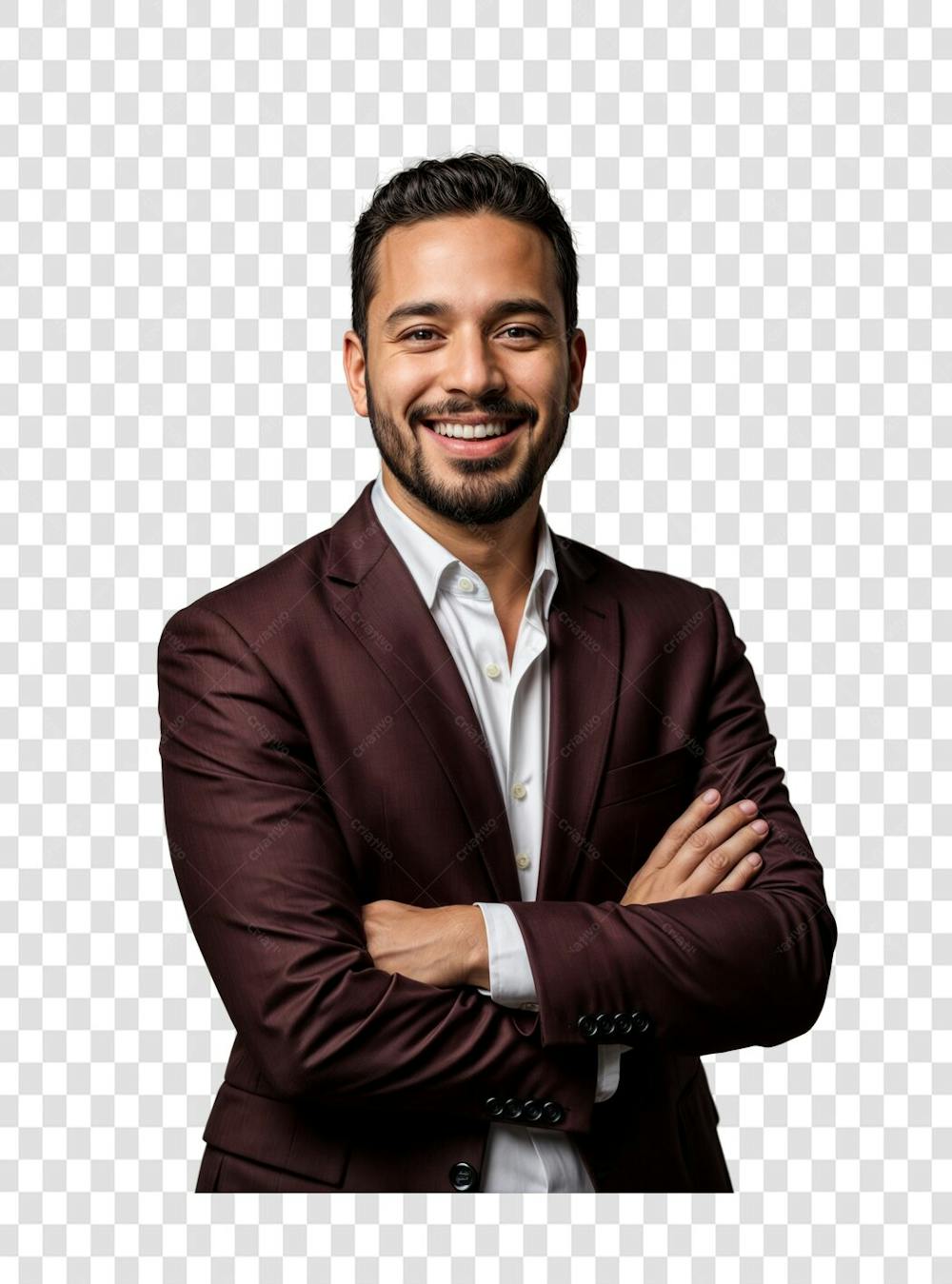 Homem empresário com blazer vermelho escuro e camisa branca braços cruzados feliz PNG TRANSPARENTE