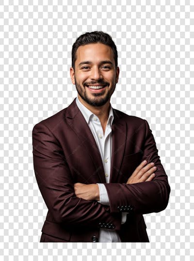 Homem empresário com blazer vermelho escuro e camisa branca braços cruzados feliz PNG TRANSPARENTE