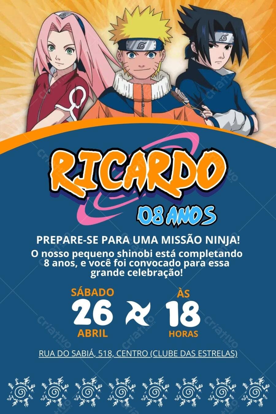 Convite de aniversário Naruto 8 anos Editável no Canva