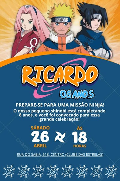 Convite de Aniversário Infantil Tema Naruto Canva