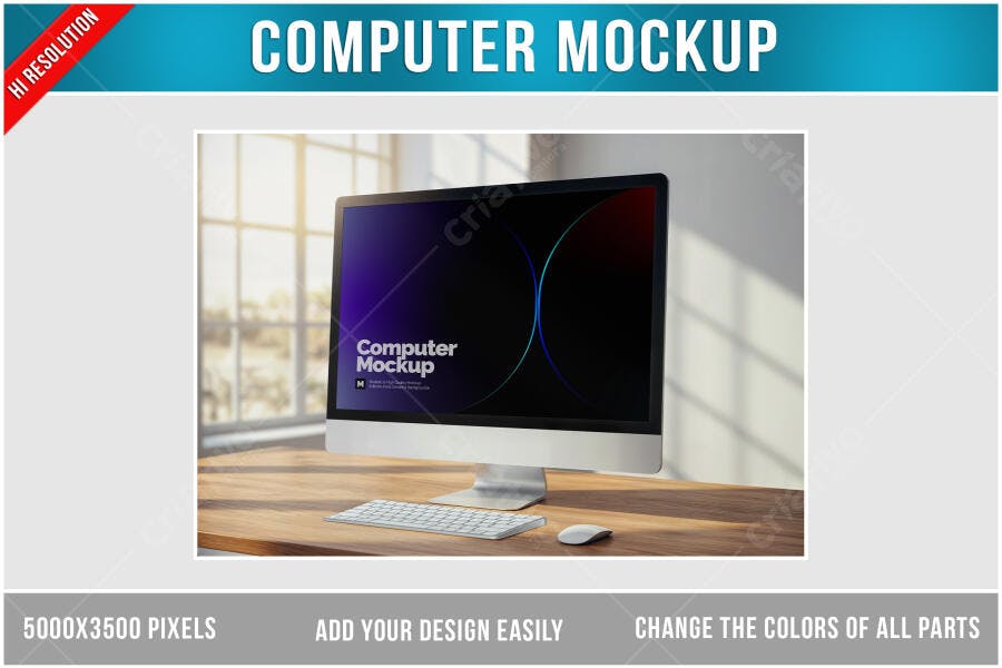 Mockup Computador Moderno em Mesa de Madeira