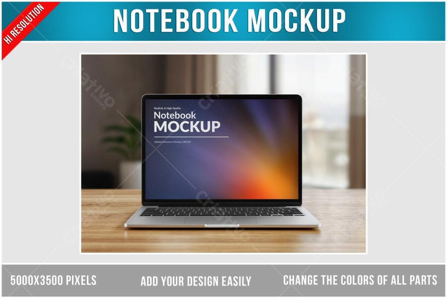 Mockup Realista de Notebook em Mesa de Madeira