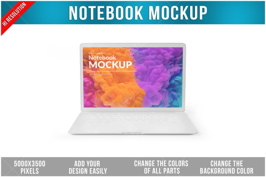 Mockup Notebook Branco Realista com Tela Colorida
