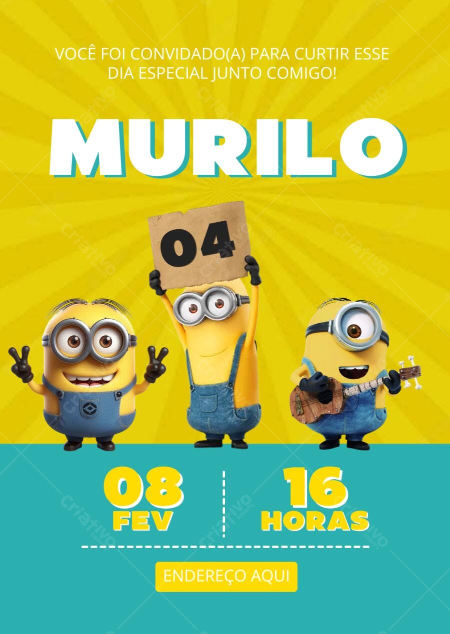 Convite de Aniversário Infantil Minions Amarelo e Azul Editável no Canva