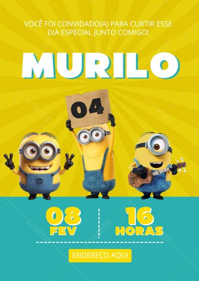 Convite de aniversário infantil Minions você foi convidado