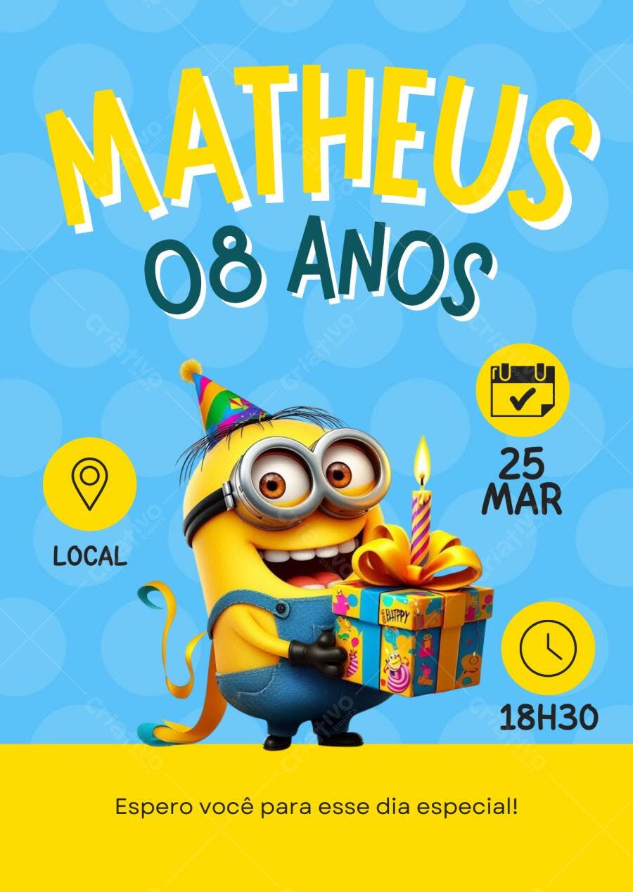 Convite de Aniversário Infantil Minions Amarelo e Azul Editável no Canva