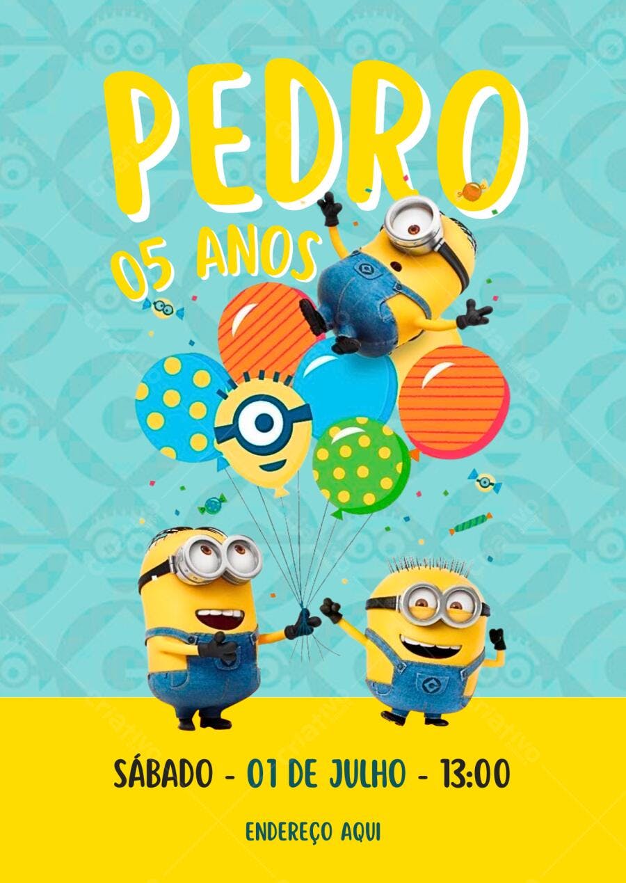 Convite de Aniversário Infantil Minions Balões Coloridos Editável no Canva