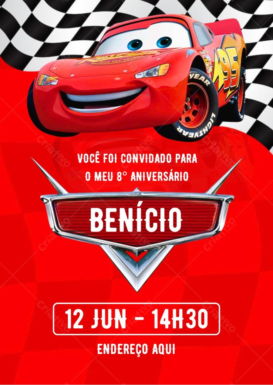 Convite de Aniversário Infantil Relâmpago McQueen Editável no Canva