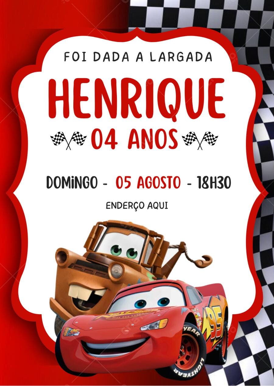 Convite de Aniversário Infantil Carros McQueen e Mate Editável no Canva