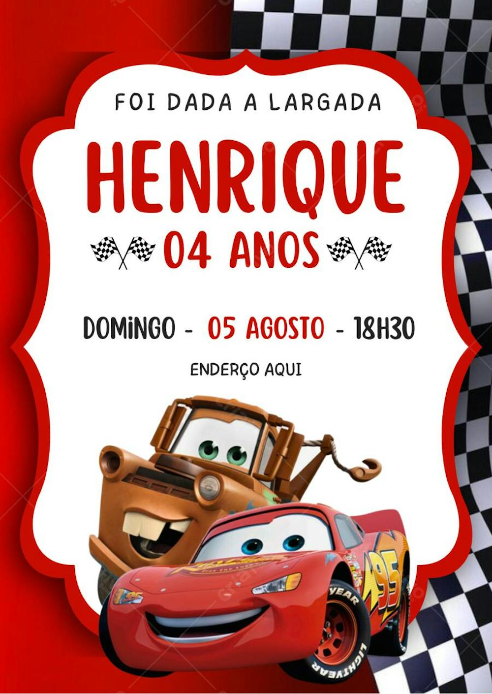 Convite de aniversário infantil Carros Mcqueen e Martin