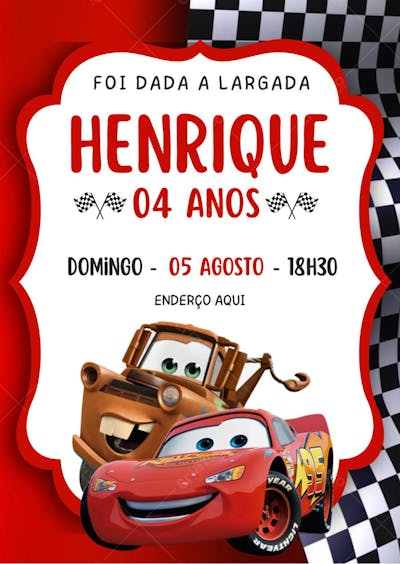 Convite de aniversário infantil Carros Mcqueen e Martin