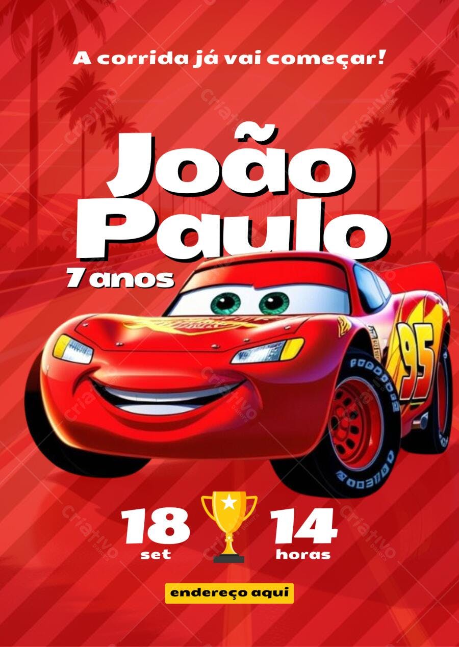 Convite de Aniversário Infantil Carros Relâmpago McQueen Editável no Canva