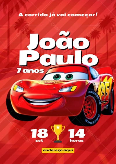 Convite de aniversário infantil Carros Mcqueen a corrida vai começar