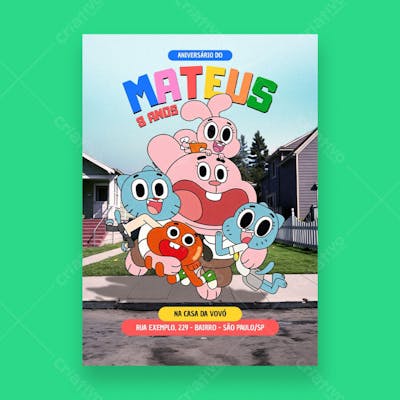 Convite Gumball darwin editável no canva