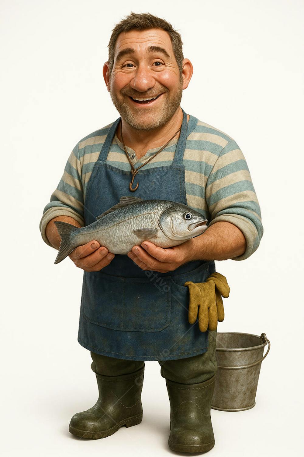 Retrato de pescador feliz com avental azul com fundo branco (1)