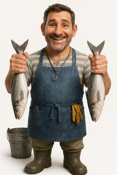 Retrato de pescador feliz com avental azul com fundo branco (2)