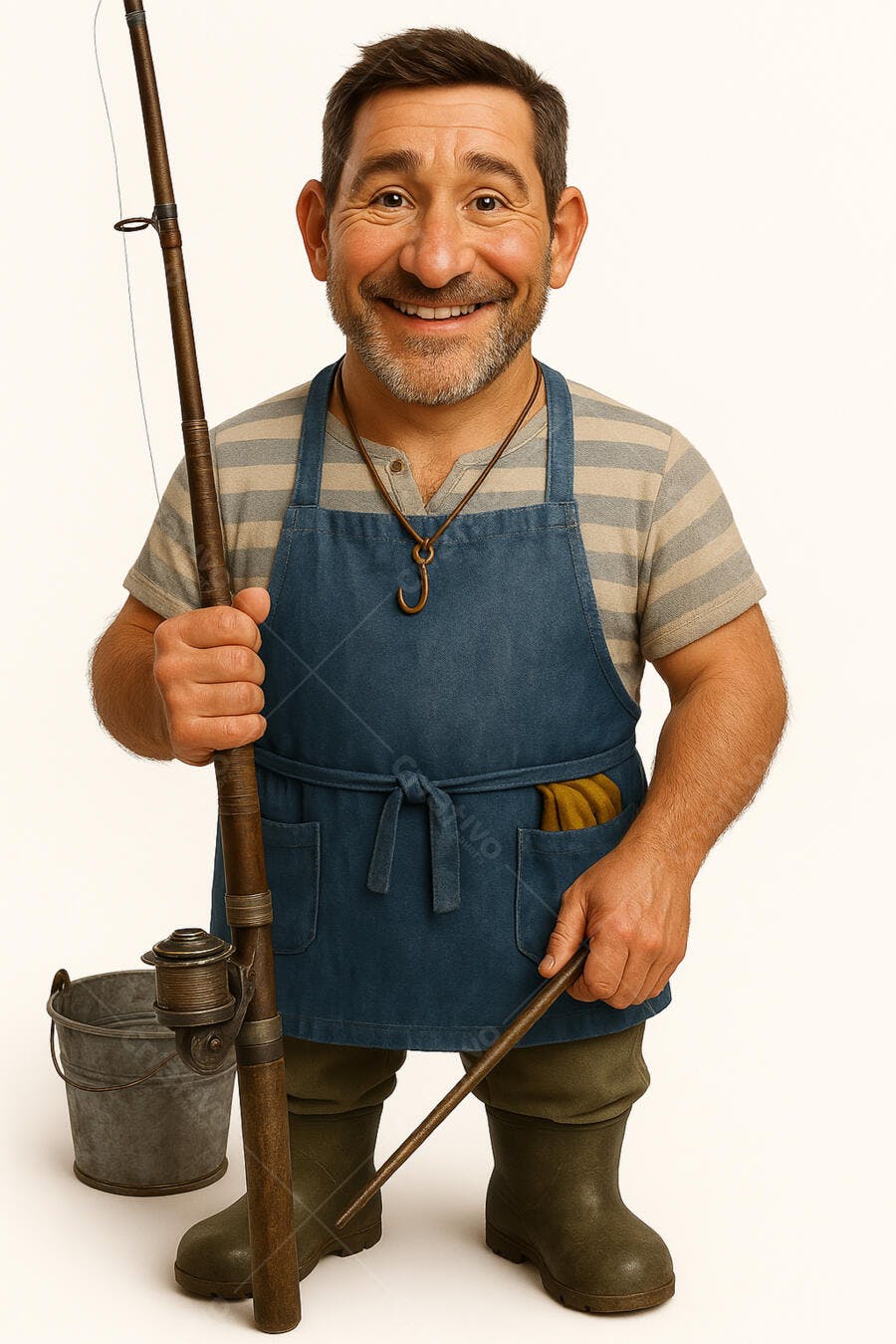 Pescador sorridente com vara de pesca e balde