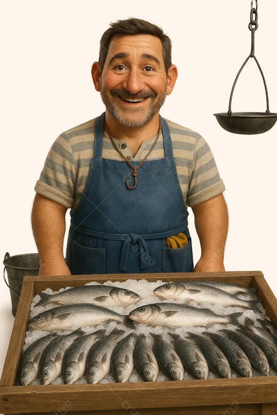 Retrato de pescador feliz com avental azul com fundo branco (4)