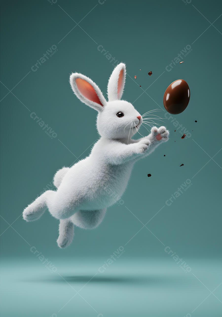 Coelho branco pulando para pegar ovo de chocolate