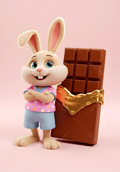 Coelho Com roupa ao lado de Barra de Chocolate 
