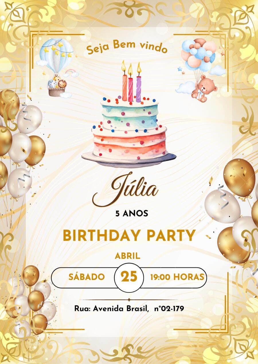 Convite de Aniversário Infantil com Ursinhos e Balões Dourados Editável no Canva