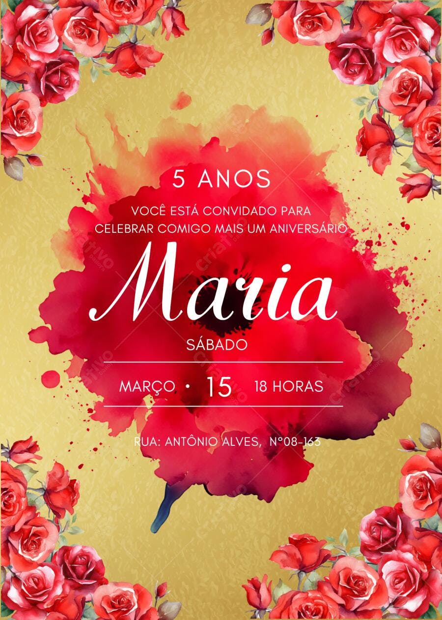 Convite de Aniversário Infantil com Rosas Vermelhas Editável no Canva