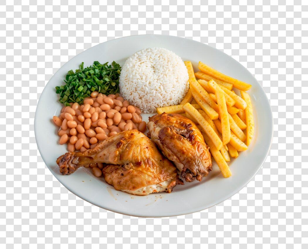 Imagem PNG Frango assado com fritas arroz e feijão fundo transparente