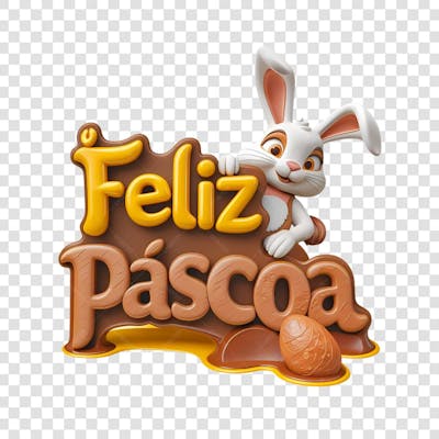 SELO 3D PNG FELIZ PÁSCOA COM MASCOTE DE COELHO 3D