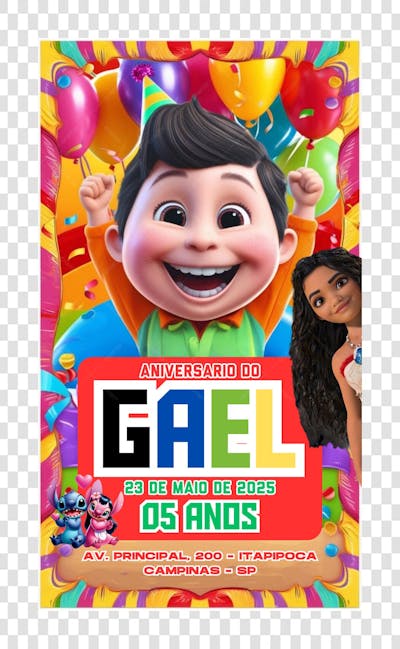 FLYER DE CONVITE DE ANIVERSARIO LINDO 2025 MOANA E stitch e angel BIRTHDAY PARTY
